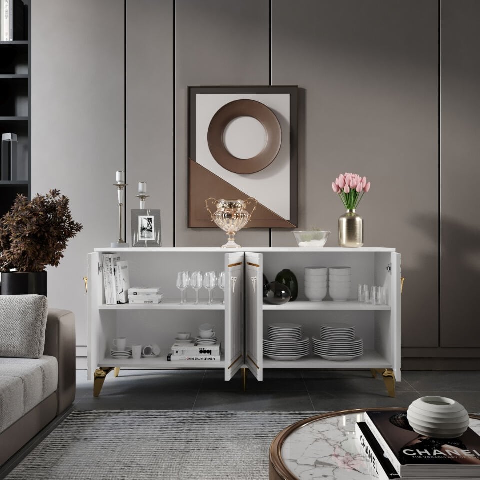 Klas Modern Konsol - 160 cm MDF Membran Kapaklı, Metal Kulplu, 2 Raflı ve 4 Bölmeli Beyaz Gold