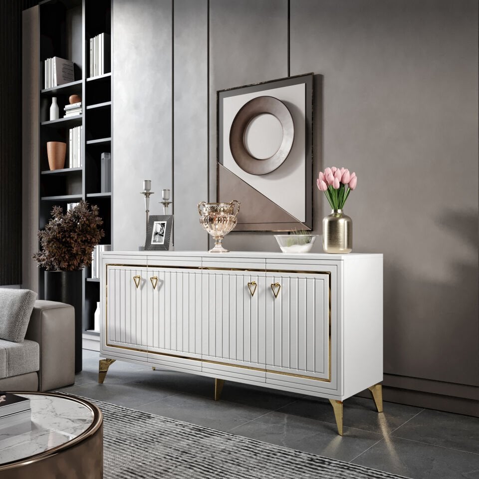 Klas Modern Konsol - 160 cm MDF Membran Kapaklı, Metal Kulplu, 2 Raflı ve 4 Bölmeli Beyaz Gold