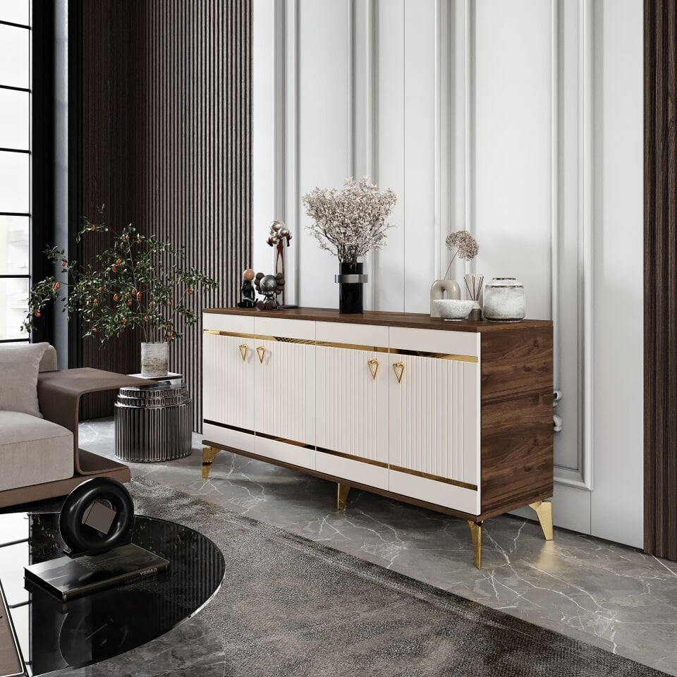 Kordon Modern Konsol - 160 cm MDF Membran Kapaklı, Metal Kulplu, 2 Raflı ve 4 Bölmeli Ekru Ceviz