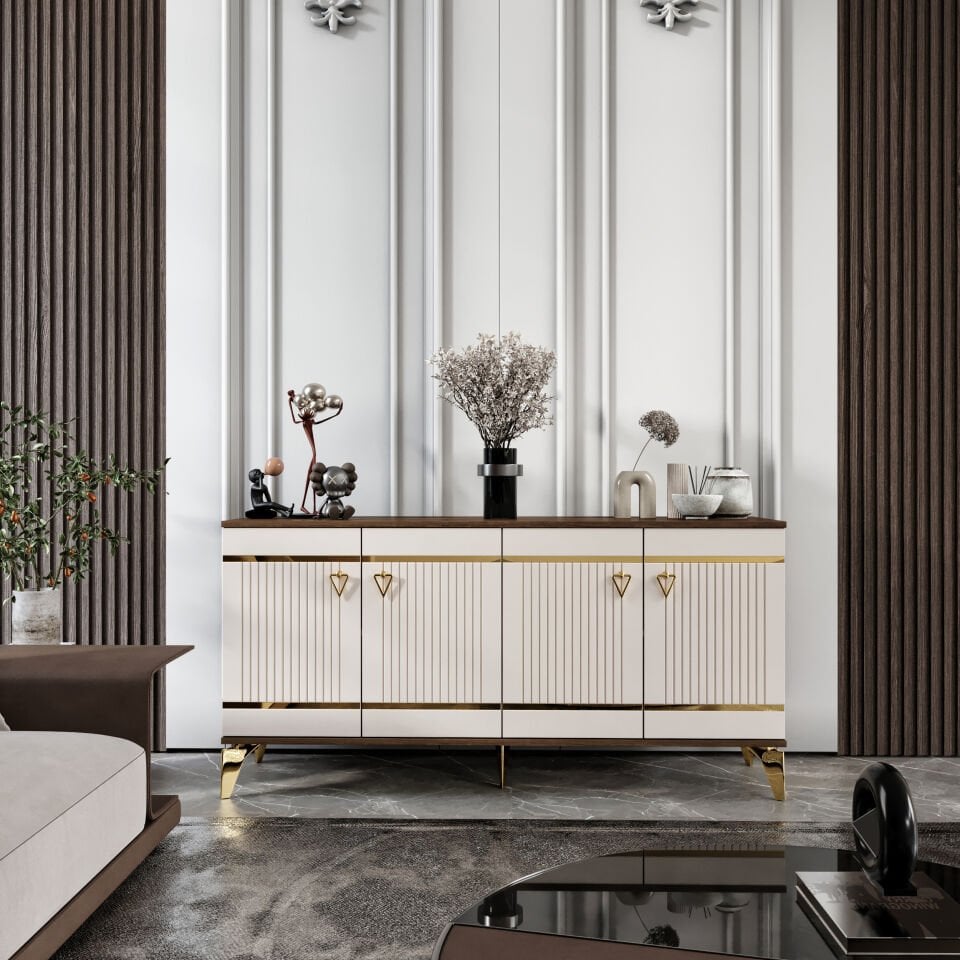 Kordon Modern Konsol - 160 cm MDF Membran Kapaklı, Metal Kulplu, 2 Raflı ve 4 Bölmeli Ekru Ceviz