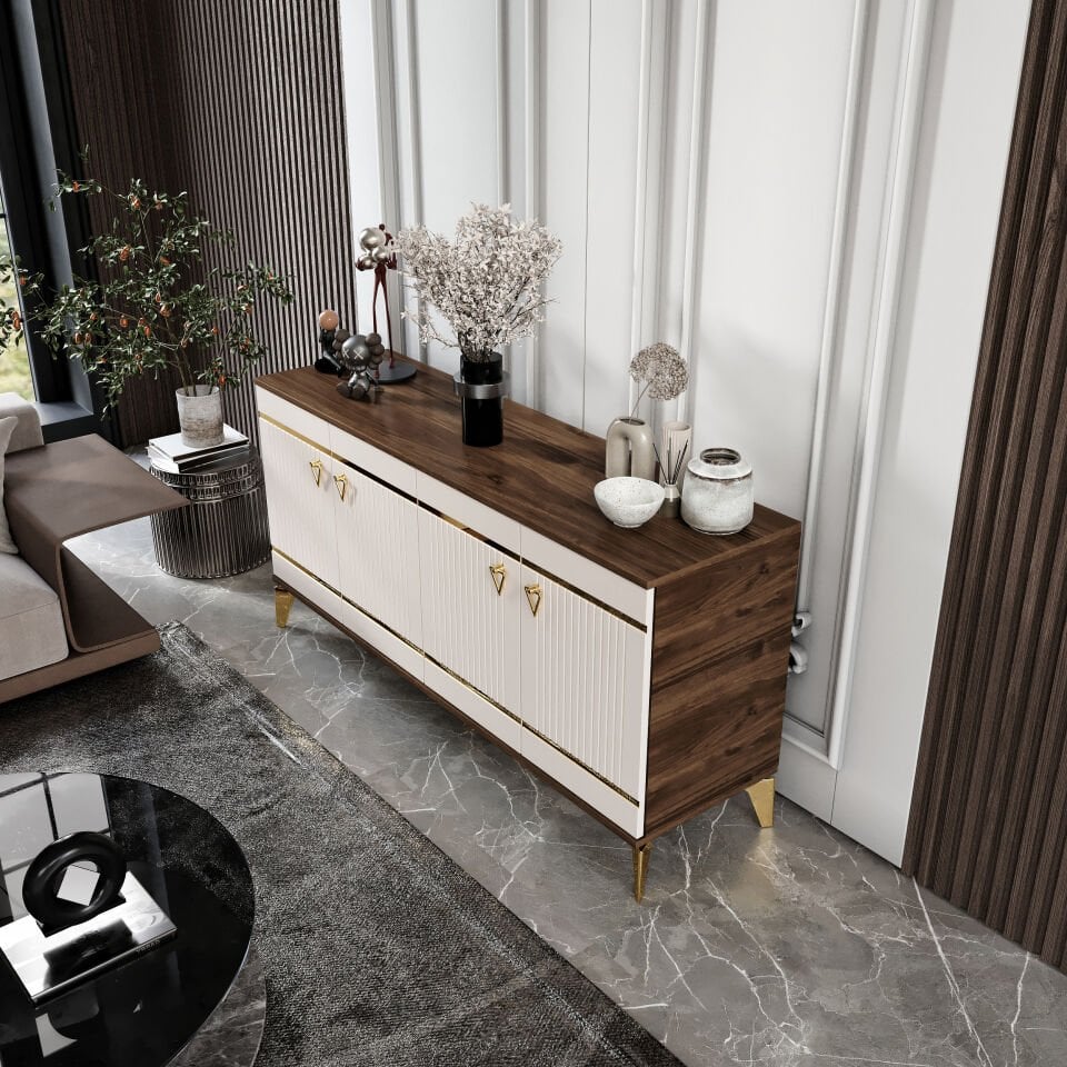 Kordon Modern Konsol - 160 cm MDF Membran Kapaklı, Metal Kulplu, 2 Raflı ve 4 Bölmeli Ekru Ceviz