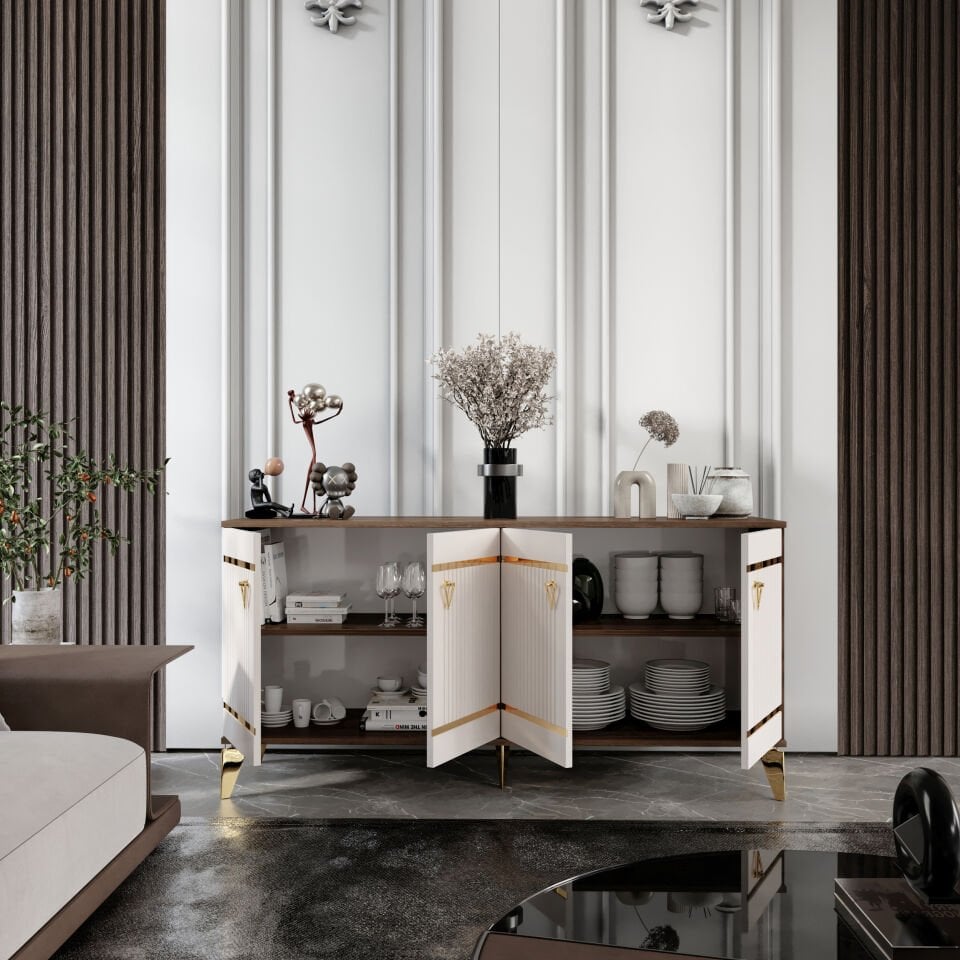 Kordon Modern Konsol - 160 cm MDF Membran Kapaklı, Metal Kulplu, 2 Raflı ve 4 Bölmeli Ekru Ceviz