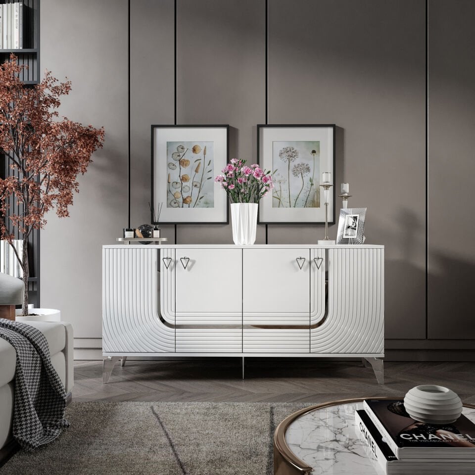 ART Konsol - 160 cm MDF Membran Kapaklı, Metal Kulplu, 2 Raflı ve 4 Bölmeli Beyaz Gümüş