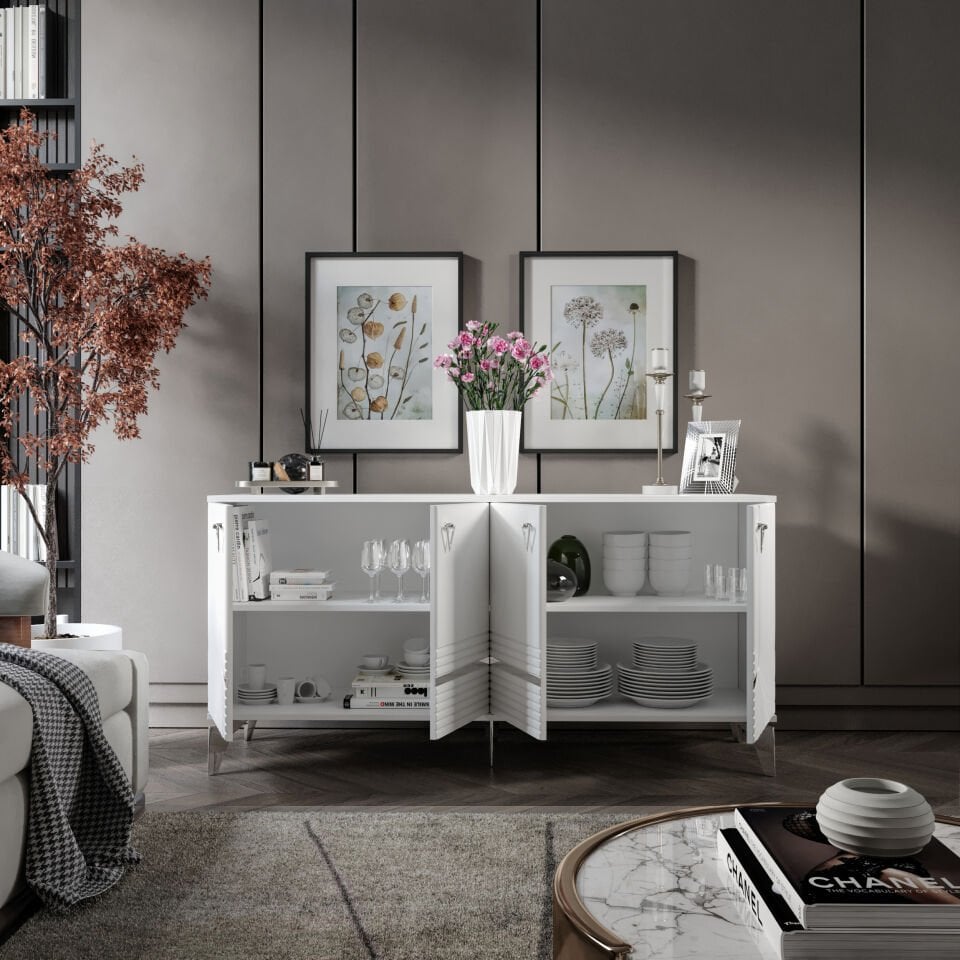 ART Konsol - 160 cm MDF Membran Kapaklı, Metal Kulplu, 2 Raflı ve 4 Bölmeli Beyaz Gümüş