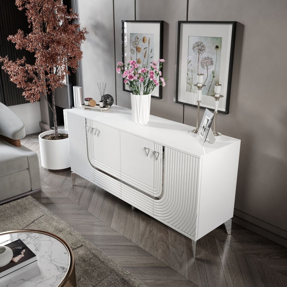 ART Konsol - 160 cm MDF Membran Kapaklı, Metal Kulplu, 2 Raflı ve 4 Bölmeli Beyaz Gümüş