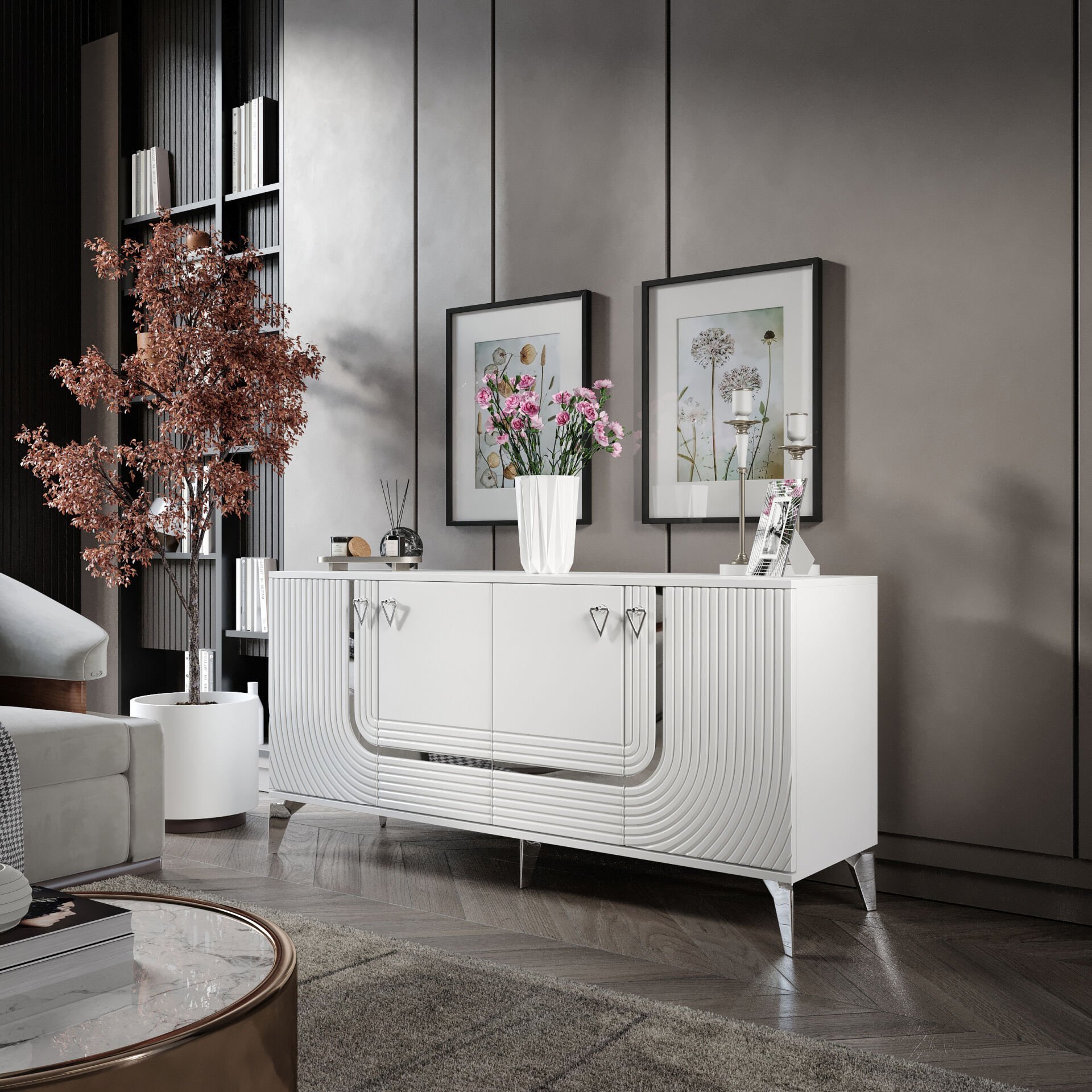 ART Konsol - 160 cm MDF Membran Kapaklı, Metal Kulplu, 2 Raflı ve 4 Bölmeli Beyaz Gümüş