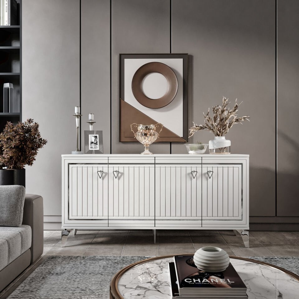 Klas Modern Konsol - 160 cm MDF Membran Kapaklı, Metal Kulplu, 2 Raflı ve 4 Bölmeli Beyaz Gümüş