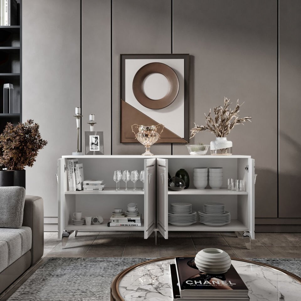 Klas Modern Konsol - 160 cm MDF Membran Kapaklı, Metal Kulplu, 2 Raflı ve 4 Bölmeli Beyaz Gümüş