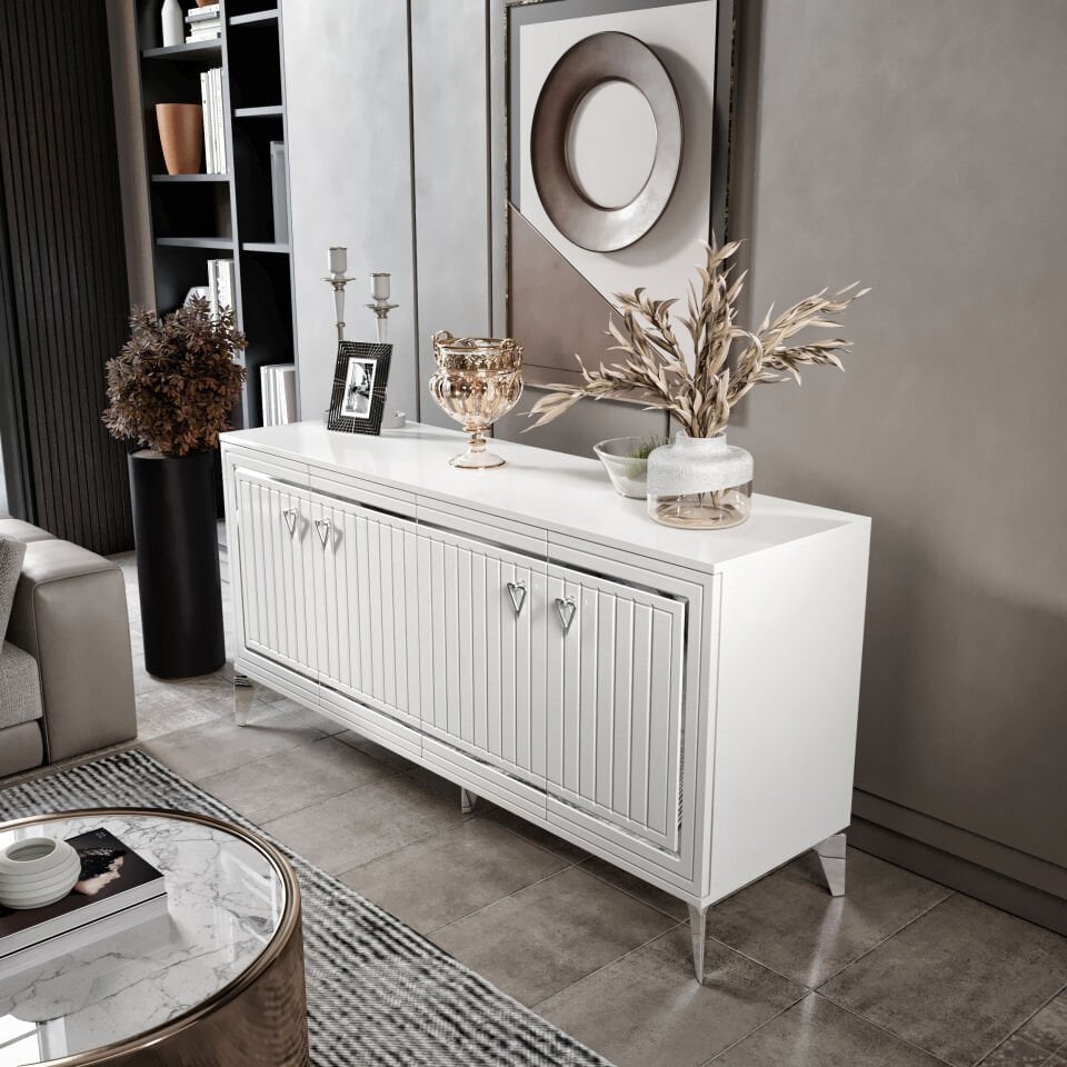 Klas Modern Konsol - 160 cm MDF Membran Kapaklı, Metal Kulplu, 2 Raflı ve 4 Bölmeli Beyaz Gümüş