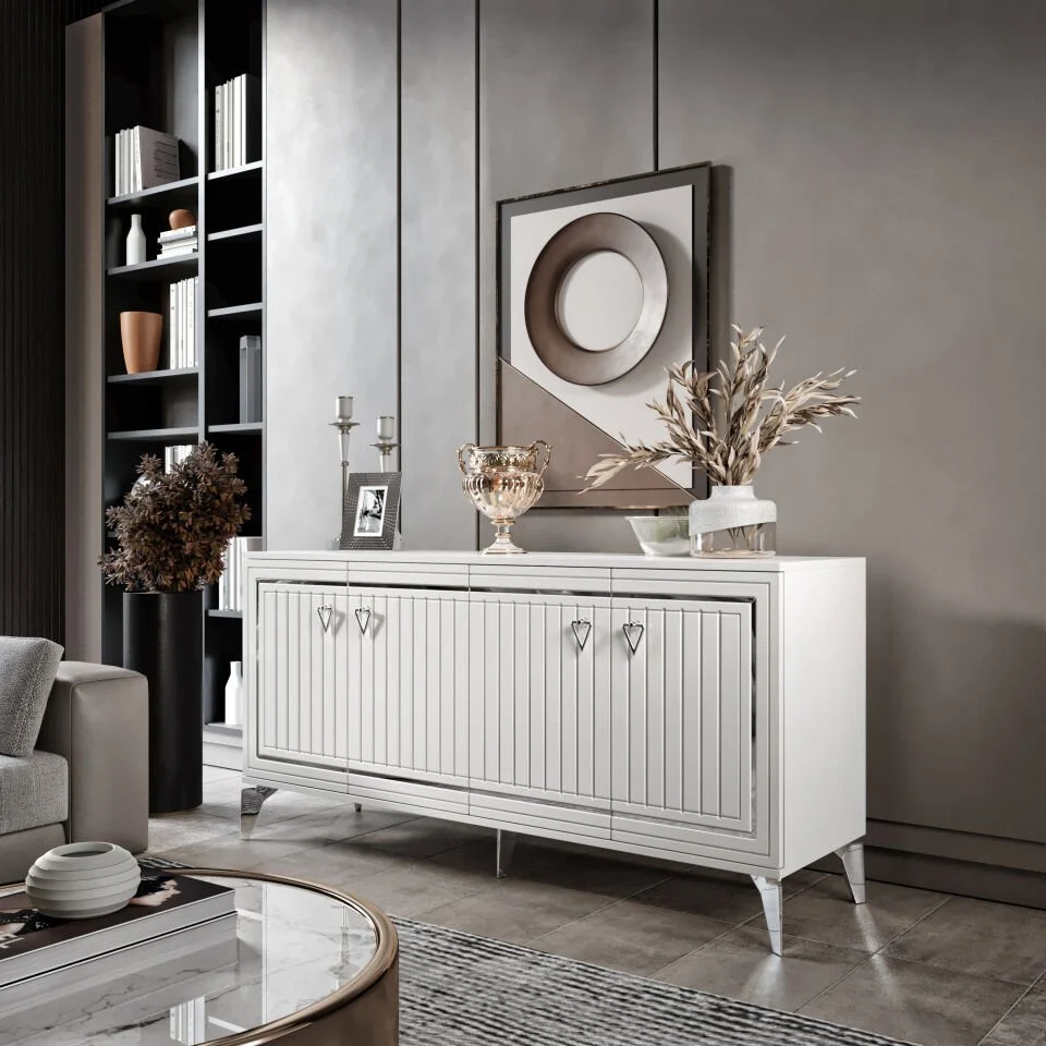 Klas Modern Konsol - 160 cm MDF Membran Kapaklı, Metal Kulplu, 2 Raflı ve 4 Bölmeli Beyaz Gümüş