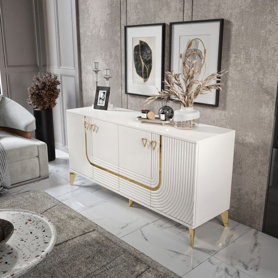 ART Konsol - 160 cm MDF Membran Kapaklı, Metal Kulplu, 2 Raflı ve 4 Bölmeli Ekru Gold