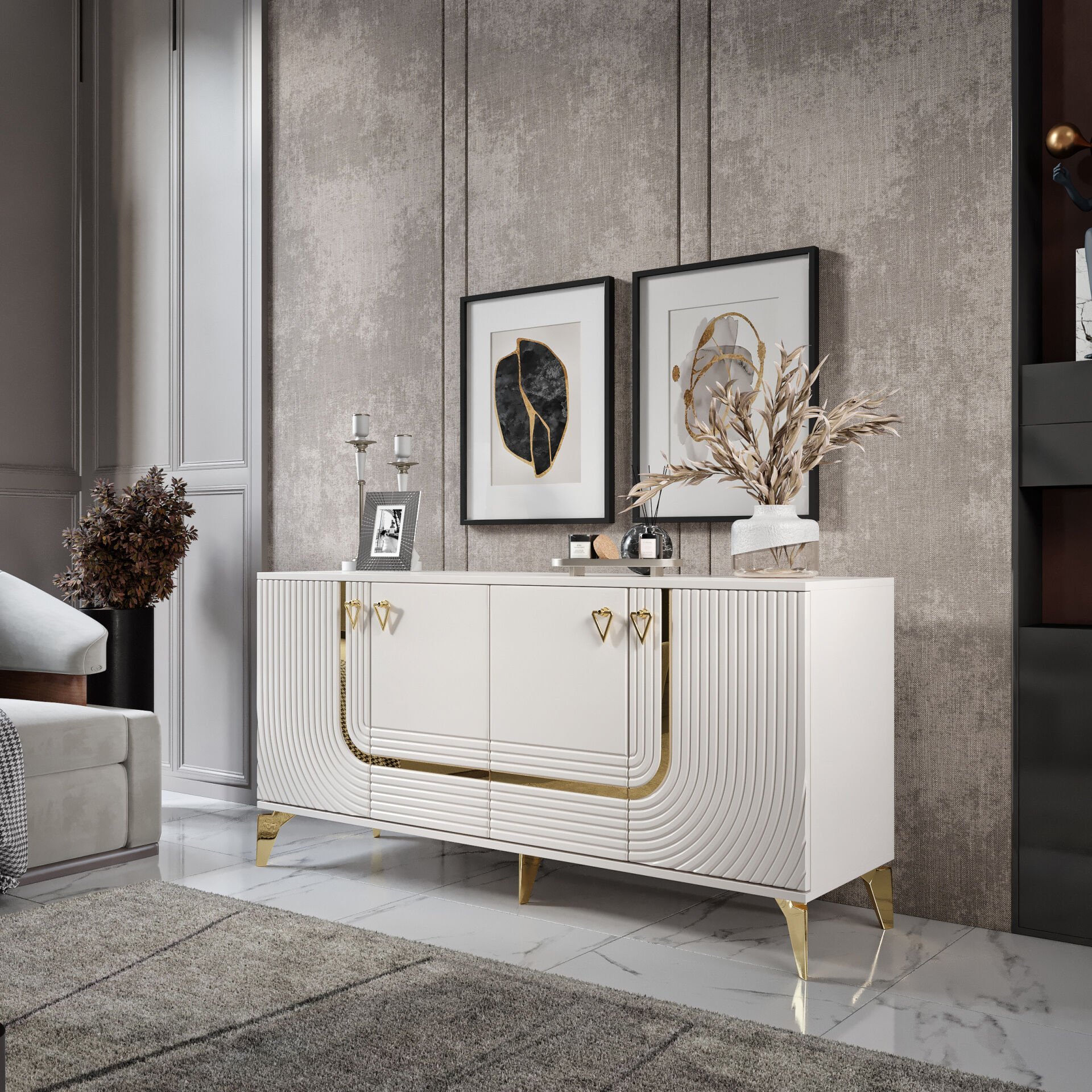 ART Konsol - 160 cm MDF Membran Kapaklı, Metal Kulplu, 2 Raflı ve 4 Bölmeli Ekru Gold