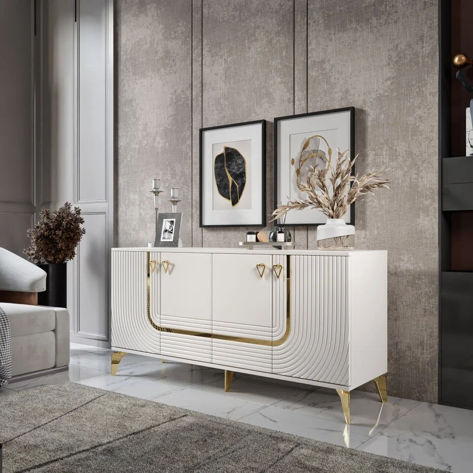 ART Konsol - 160 cm MDF Membran Kapaklı, Metal Kulplu, 2 Raflı ve 4 Bölmeli Ekru Gold