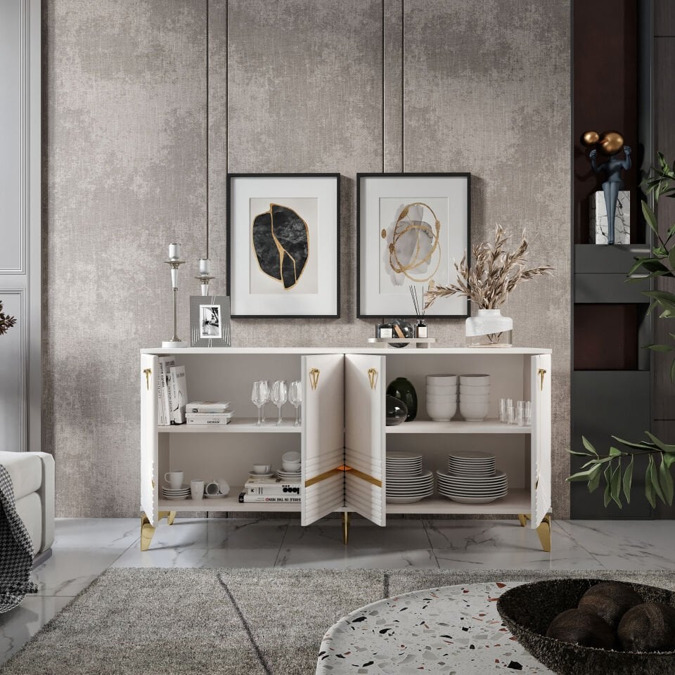 ART Konsol - 160 cm MDF Membran Kapaklı, Metal Kulplu, 2 Raflı ve 4 Bölmeli Ekru Gold