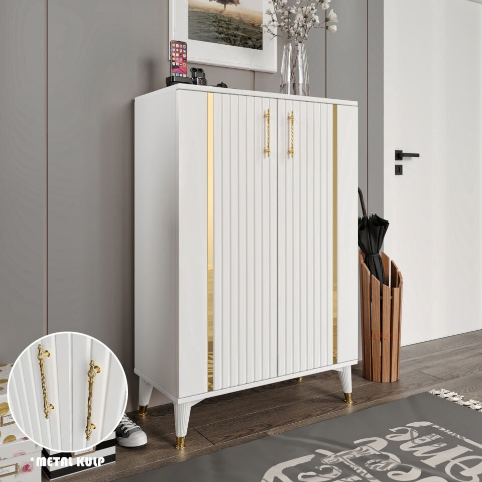 Lyra Ayakkabılık  Çok Amaçlı Dolap Mutfak Kiler Balkon Beyaz Gold