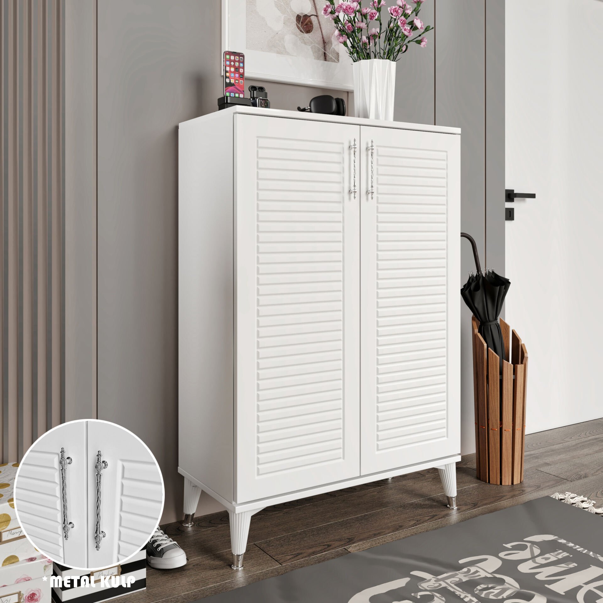 Panjurlu Ayakkabılık  Çok Amaçlı Dolap Mutfak Kiler Balkon Beyaz Gümüş