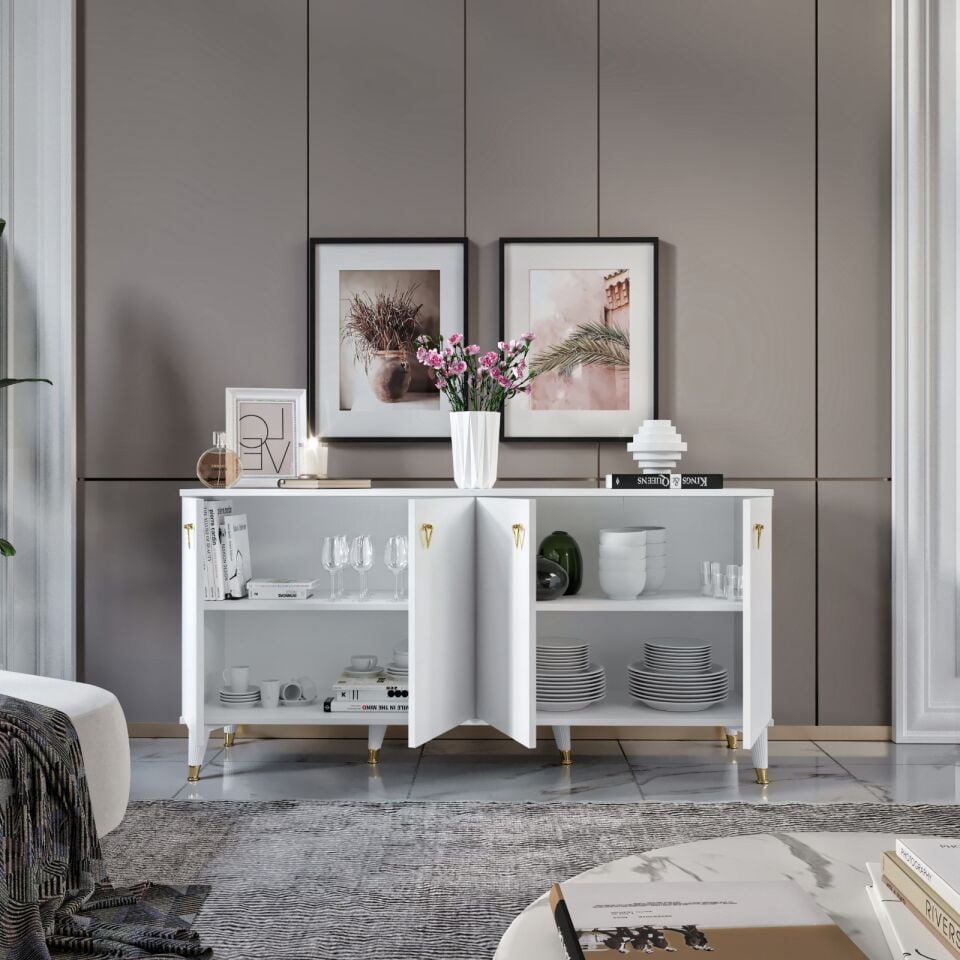 Simple Konsol Beyaz Gold - Modern 4 Kapaklı Şık Depolama Konsolu