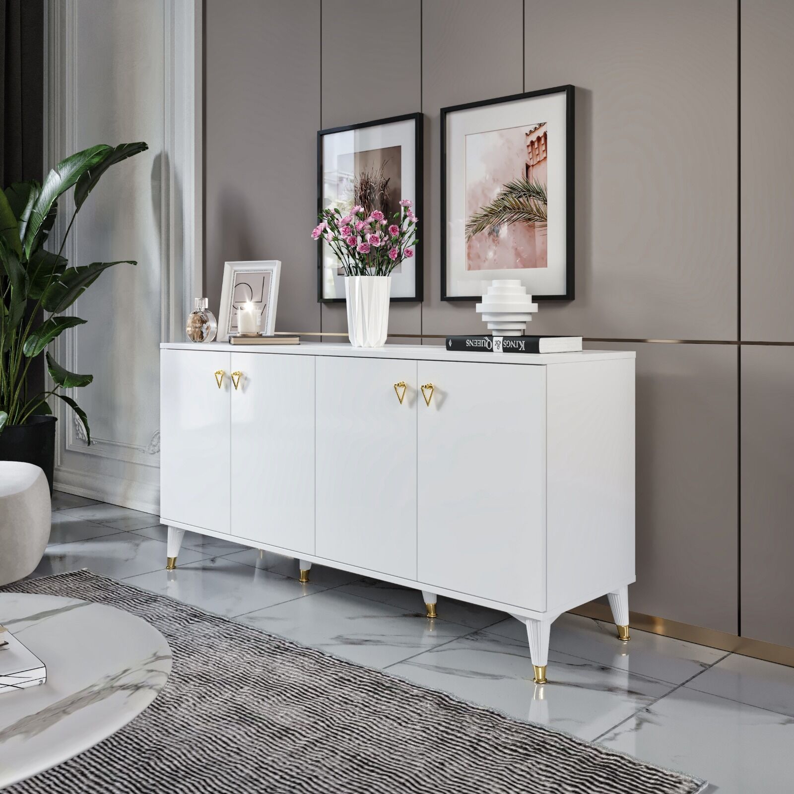 Simple Konsol Beyaz Gold - Modern 4 Kapaklı Şık Depolama Konsolu