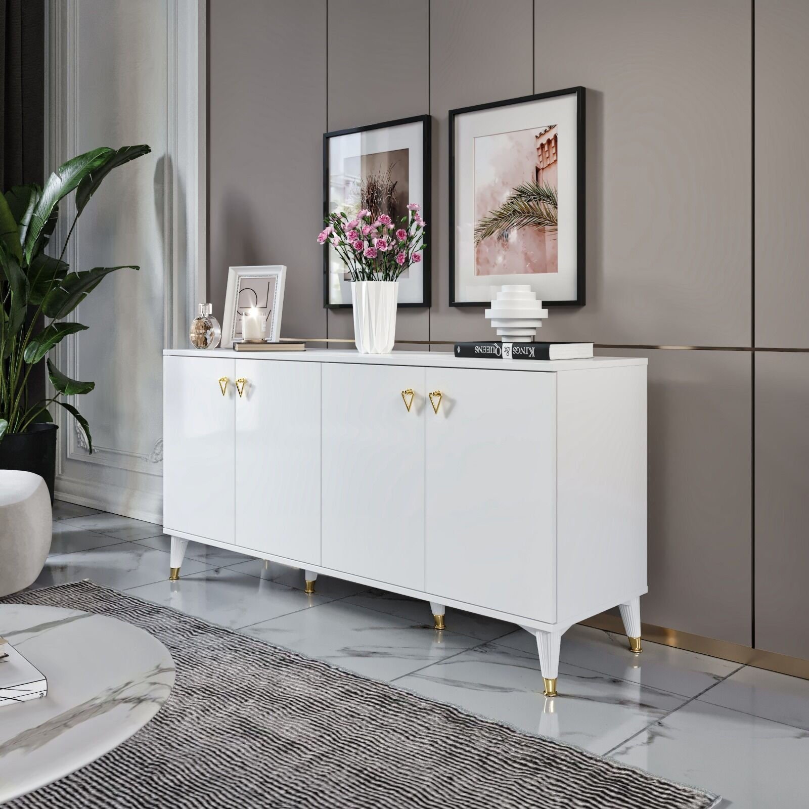 Simple konsol beyaz gold 4 kapaklı geniş depolama alanı