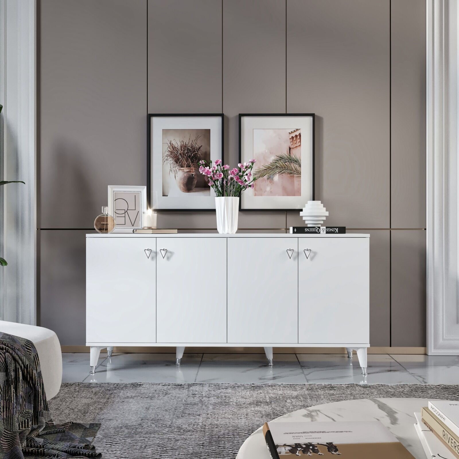 Simple konsol beyaz gümüş modern 4 kapaklı şık depolama konsolu