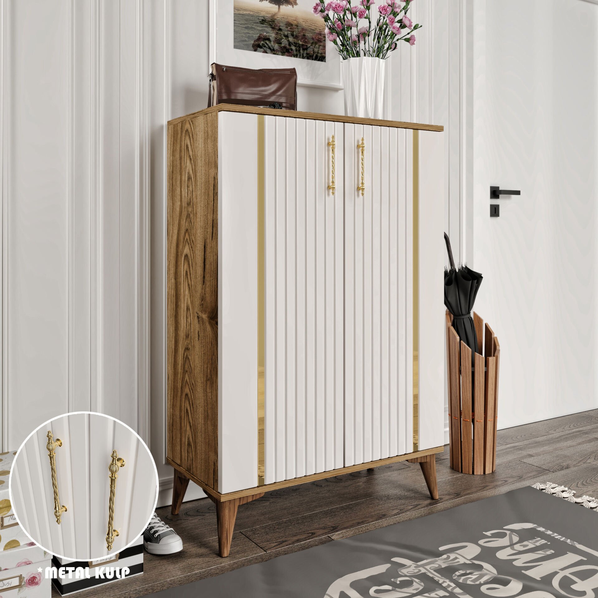 Lyra Metal Kulp Ayakkabılık  Çok Amaçlı Dolap Mutfak Kiler Balkon Ekru Ceviz