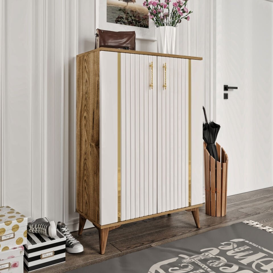 Lyra Metal Kulp çok amaçlı dolap ön görünüm ekru ceviz