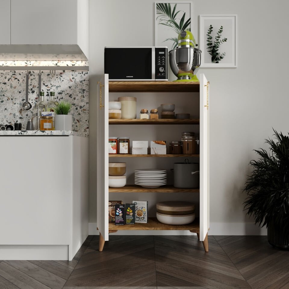 Lyra  Metal Kulp Çok Amaçlı Dolap Mutfak Dolabı Balkon Kiler Banyo Dolabı Ayakkabılık Dolabı Ekru Ceviz