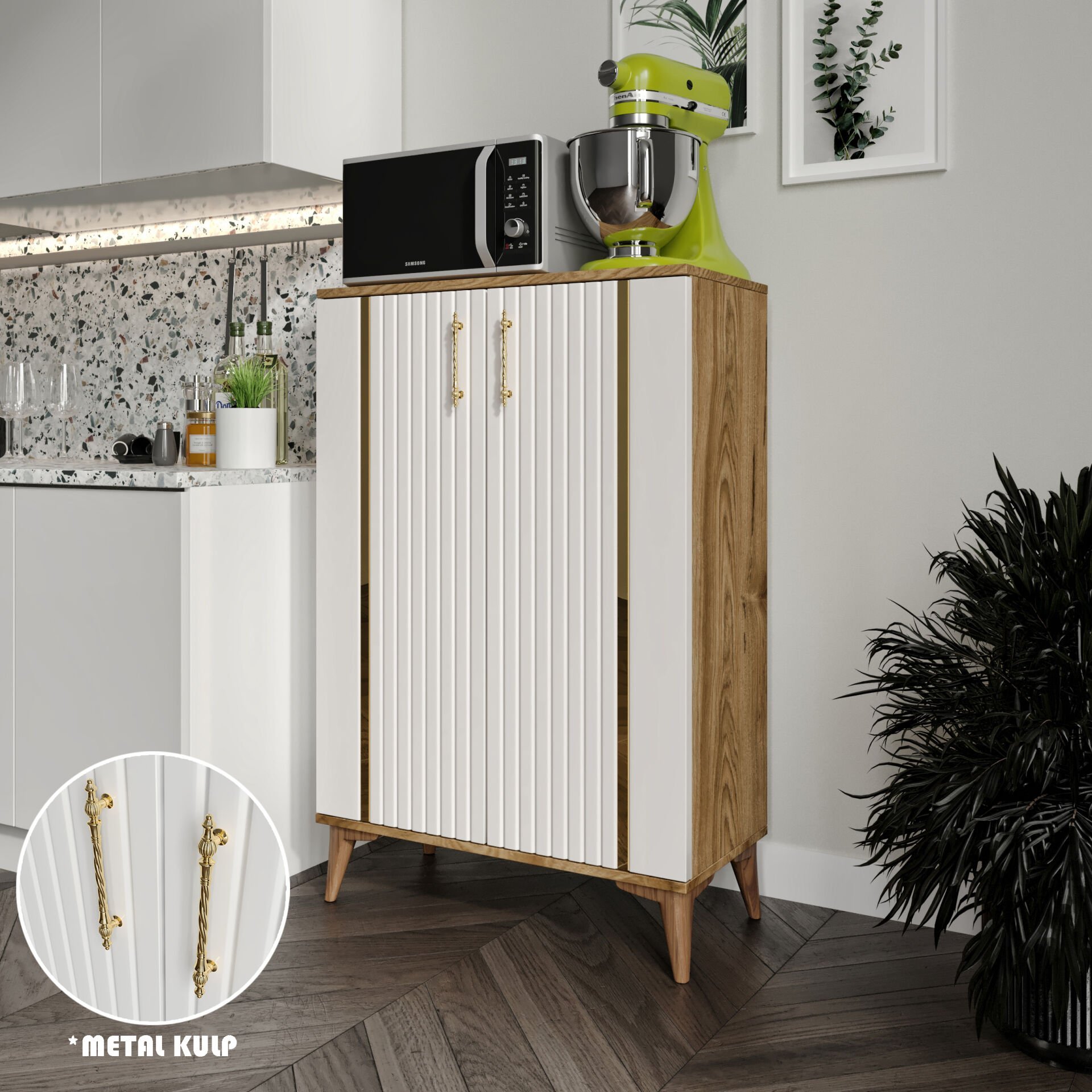 Lyra  Metal Kulp Çok Amaçlı Dolap Mutfak Dolabı Balkon Kiler Banyo Dolabı Ayakkabılık Dolabı Ekru Ceviz