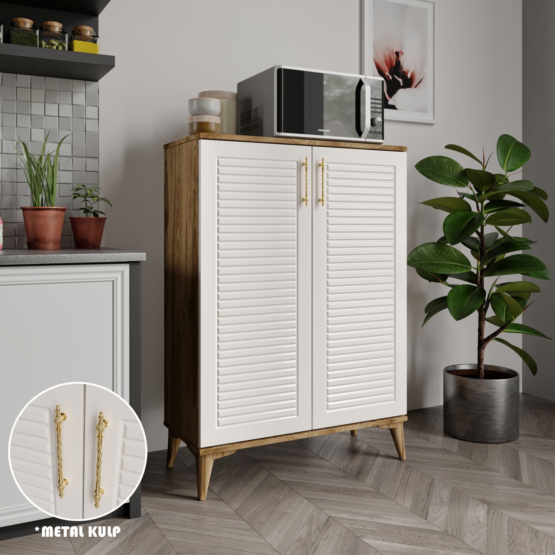 Panjurlu Metal Kulp Çok Amaçlı Dolap Mutfak Dolabı  Balkon Kiler Banyo Dolabı Ayakkabılık Dolabı Ekru Ceviz