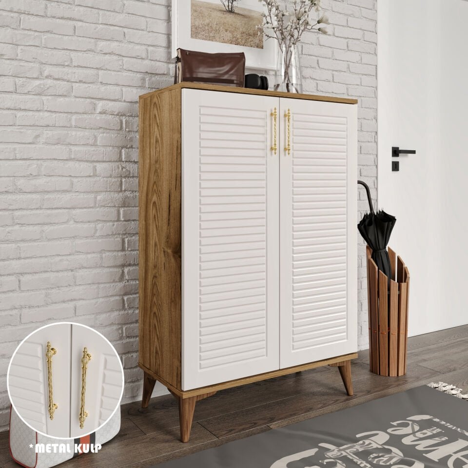 Panjurlu Metal Kulp Ayakkabılık  Çok Amaçlı Dolap Mutfak Dolabı Kiler Balkon Banyo Dolabı Ekru Ceviz