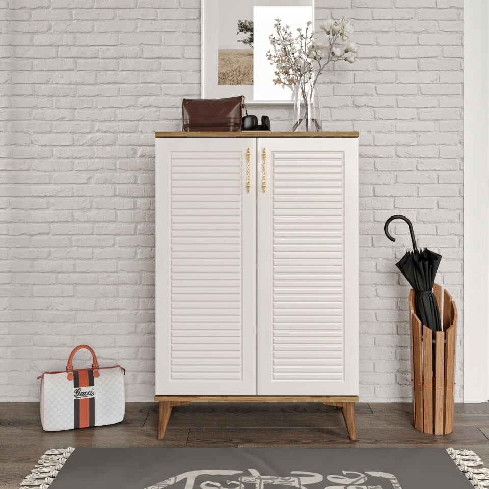 MapaHomeLiving çok amaçlı dolap ekru ceviz panjurlu metal kulp ayakkabilik mutfak balkon kiler banyo