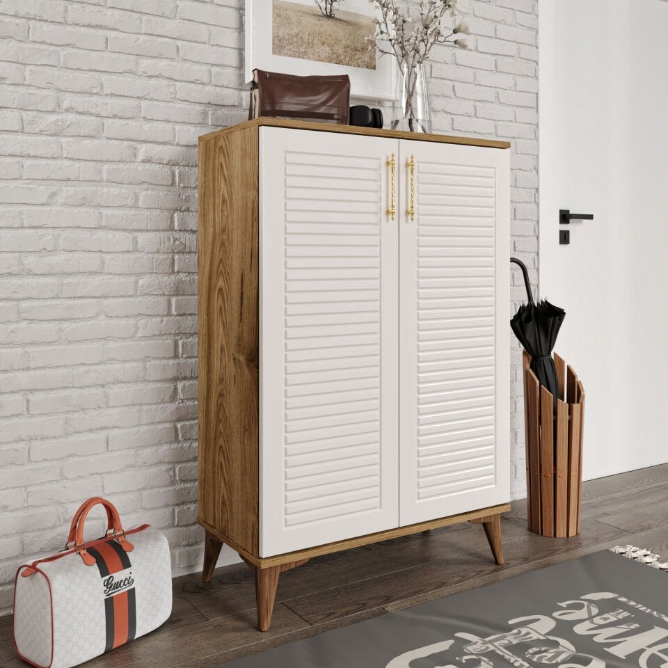 Panjurlu metal kulp çok amaçlı dolap ekru ceviz ön görünüm