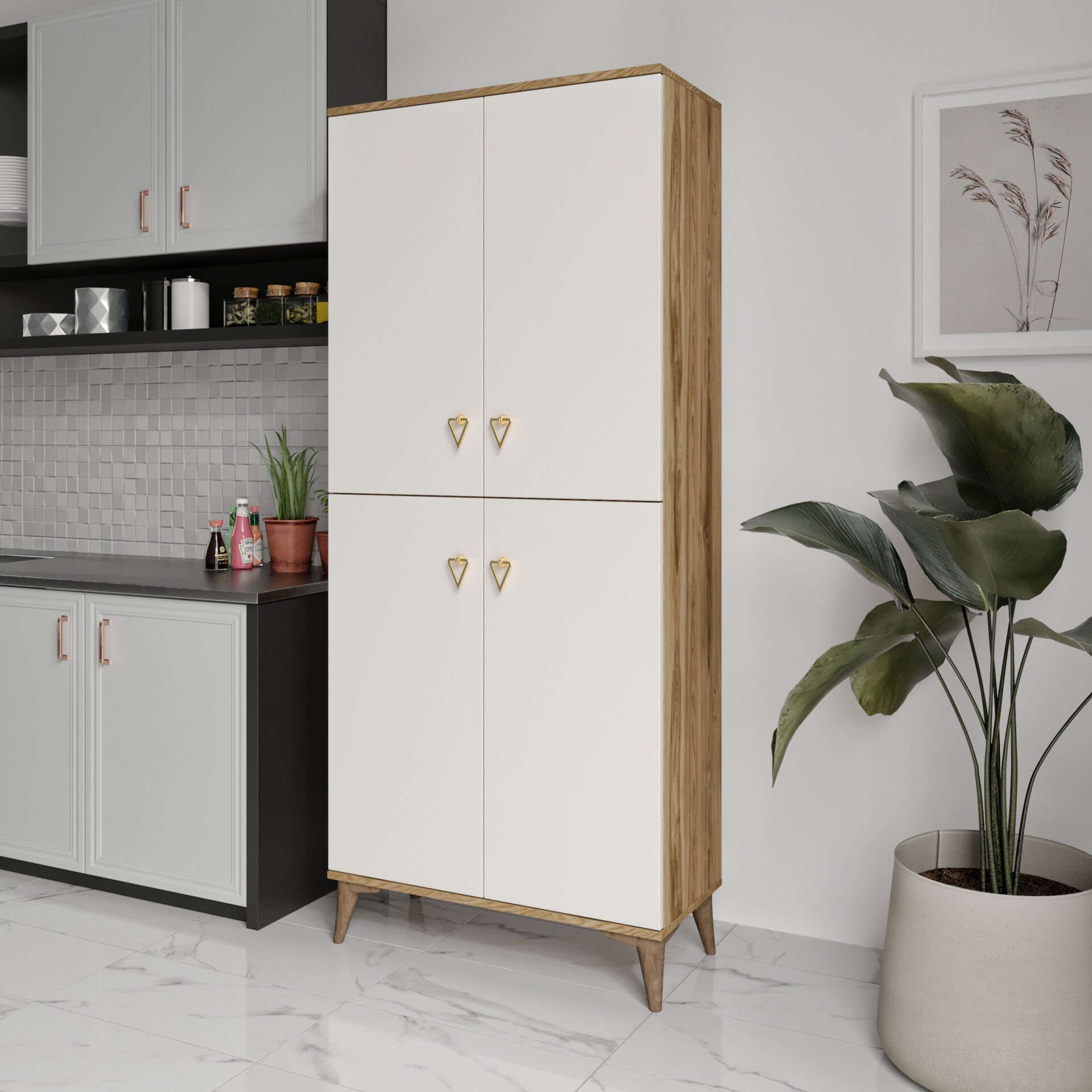 Simple Sp4190 Çok Amaçlı Dolap 4 Kapaklı Mutfak Dolabı  Balkon Dolabı  Kiler Banyo Dolabı Ayakkabılık Ekru Ceviz