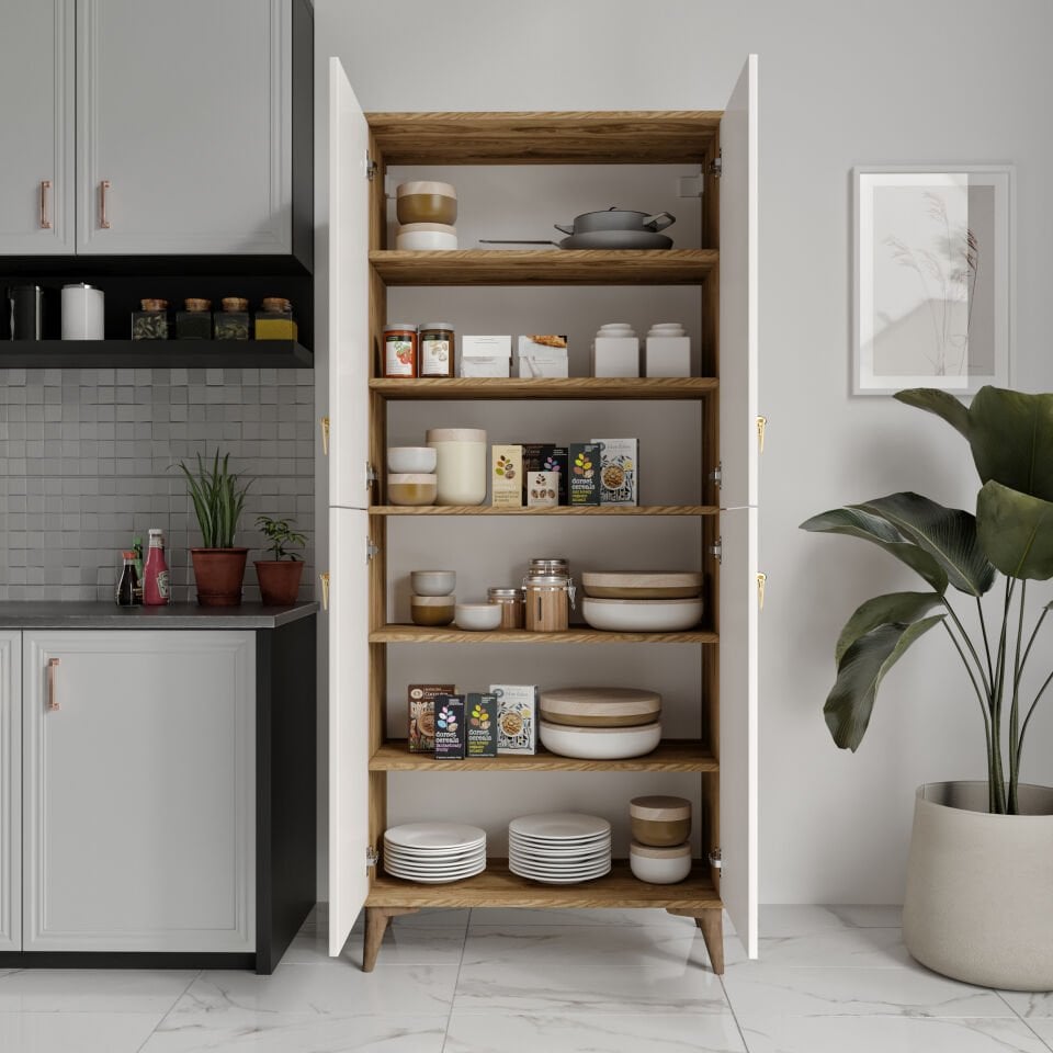 Simple Sp4190 Çok Amaçlı Dolap 4 Kapaklı Mutfak Dolabı  Balkon Dolabı  Kiler Banyo Dolabı Ayakkabılık Ekru Ceviz