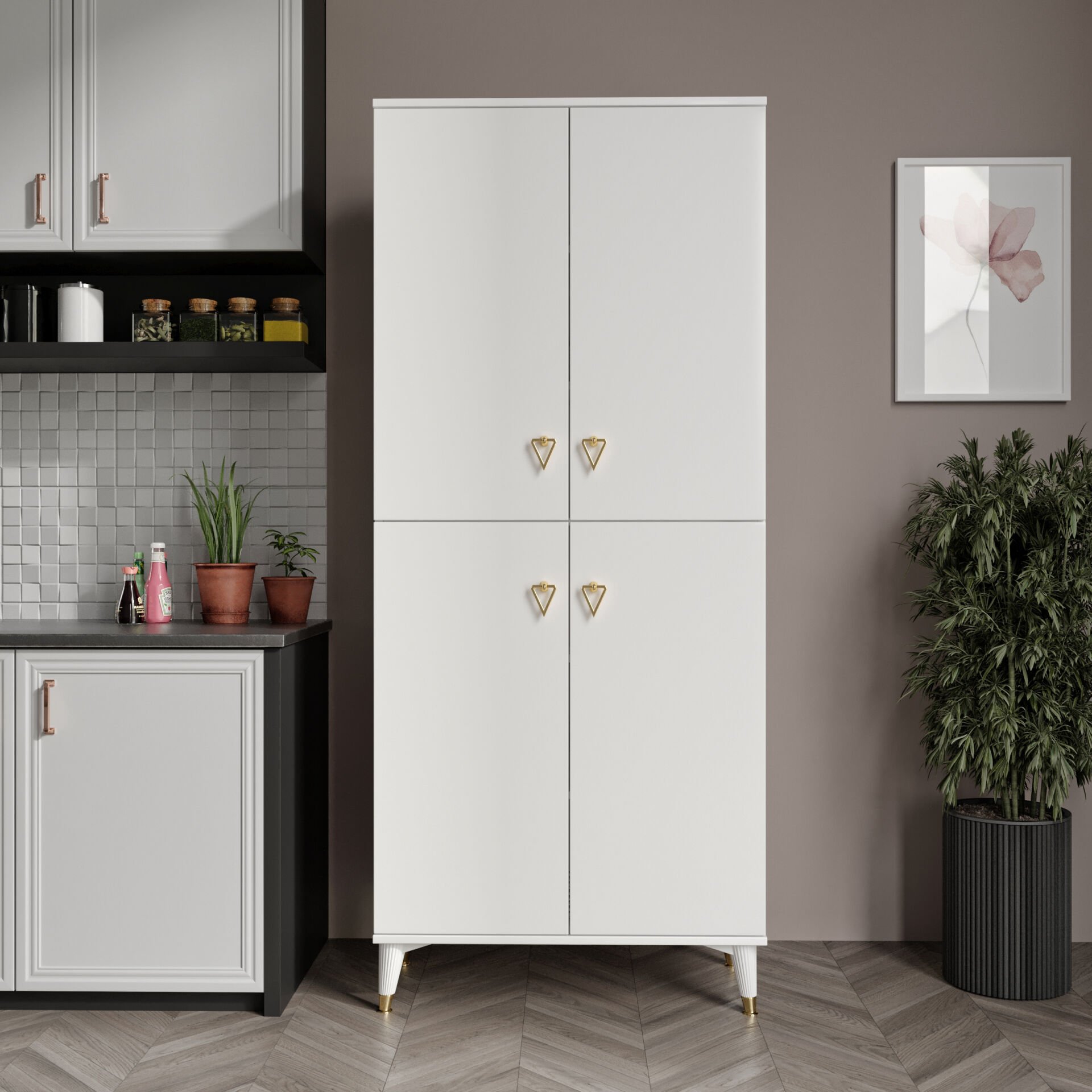 Simple Sp4190 Çok Amaçlı Dolap 4 Kapaklı Mutfak Dolabı  Balkon Dolabı  Kiler Banyo Dolabı Ayakkabılık Beyaz Gold