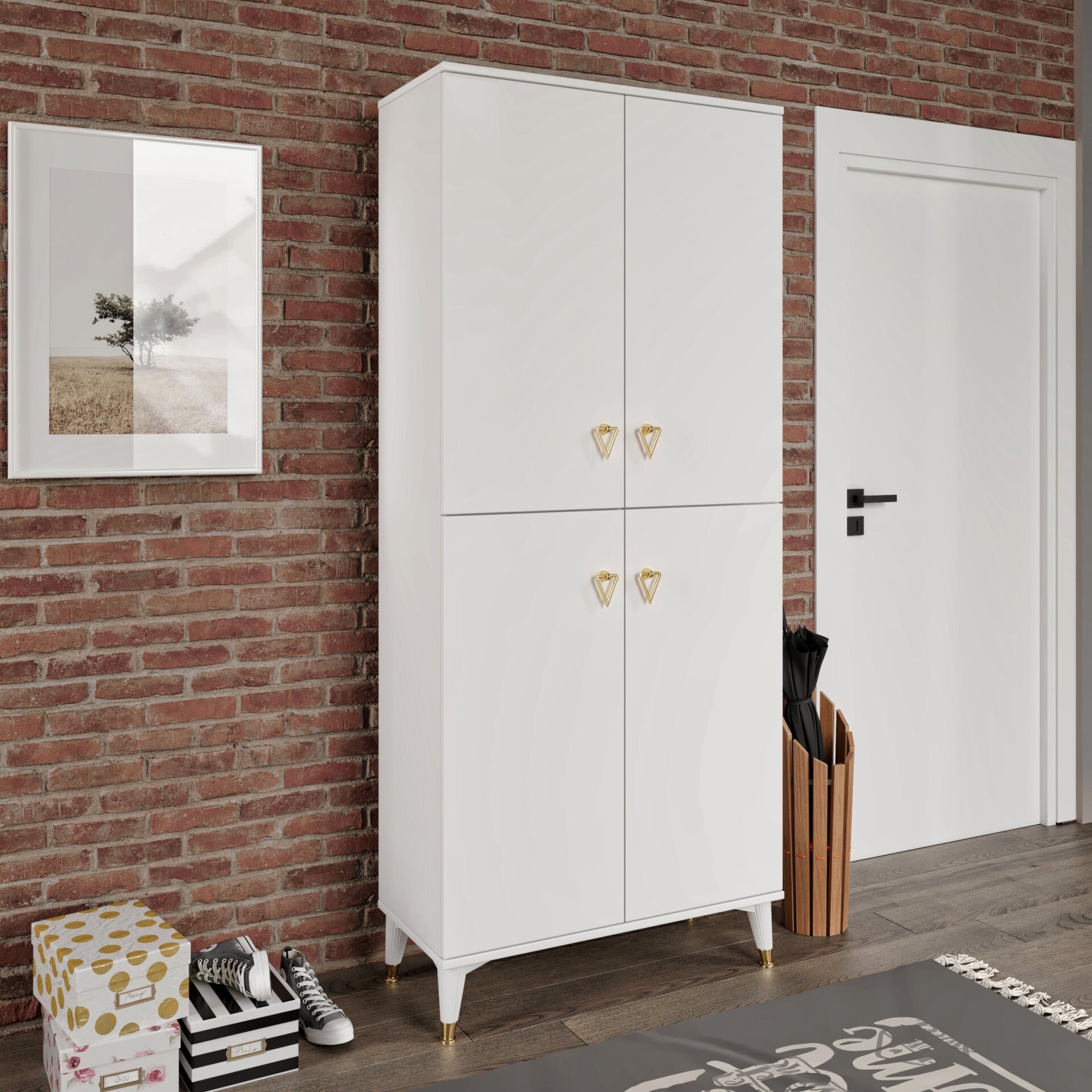 Simple Sp4190 Ayakkabılık 4 Kapaklı Mutfak Dolabı  Balkon Dolabı  Kiler Banyo Dolabı Çok Amaçlı Dolap Beyaz Gold