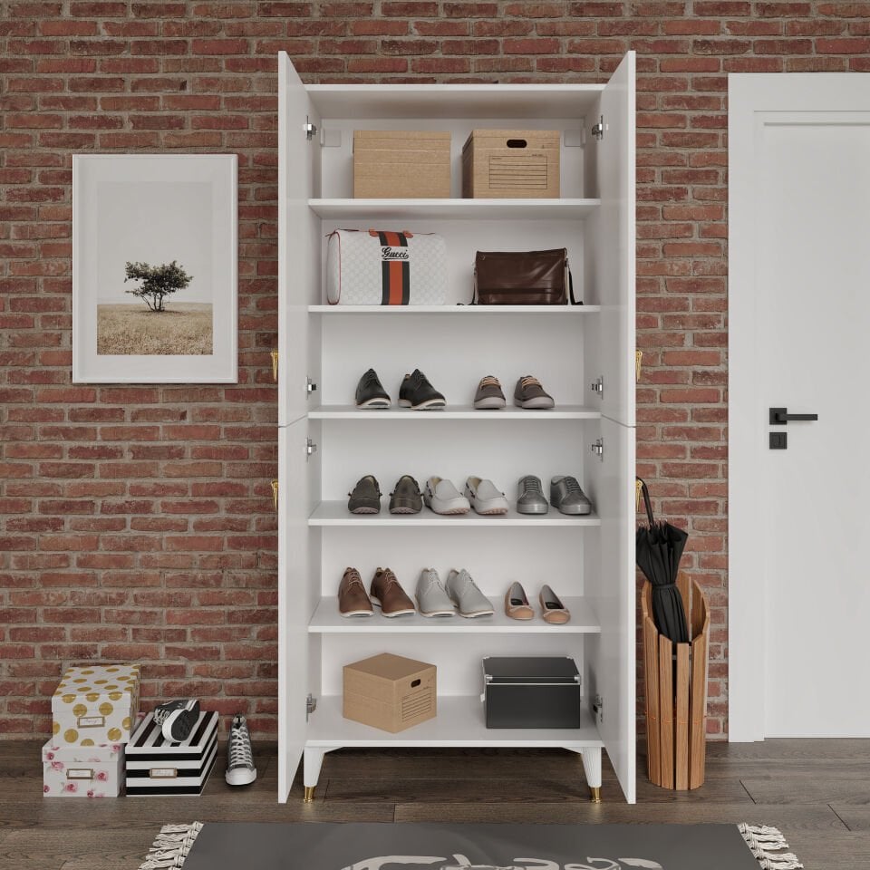 Simple Sp4190 Ayakkabılık 4 Kapaklı Mutfak Dolabı  Balkon Dolabı  Kiler Banyo Dolabı Çok Amaçlı Dolap Beyaz Gold