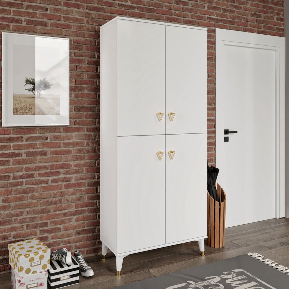 Simple Sp4190 Ayakkabılık 4 Kapaklı Mutfak Dolabı  Balkon Dolabı  Kiler Banyo Dolabı Çok Amaçlı Dolap Beyaz Gold