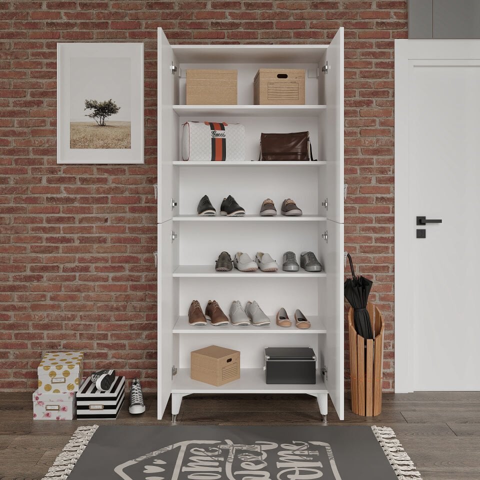 Simple Sp4190 Ayakkabılık 4 Kapaklı Mutfak Dolabı  Balkon Dolabı  Kiler Banyo Dolabı Çok Amaçlı Dolap Beyaz Gümüş