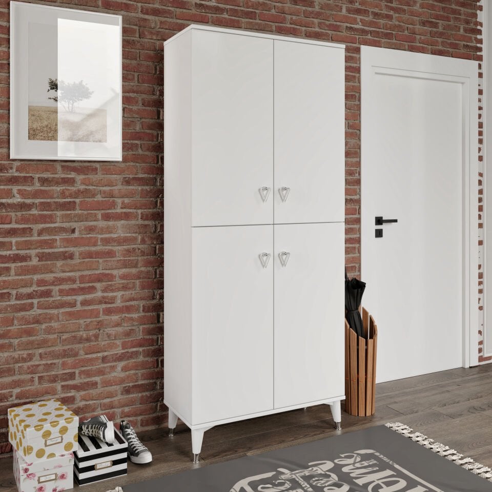 Simple Sp4190 Ayakkabılık 4 Kapaklı Mutfak Dolabı  Balkon Dolabı  Kiler Banyo Dolabı Çok Amaçlı Dolap Beyaz Gümüş