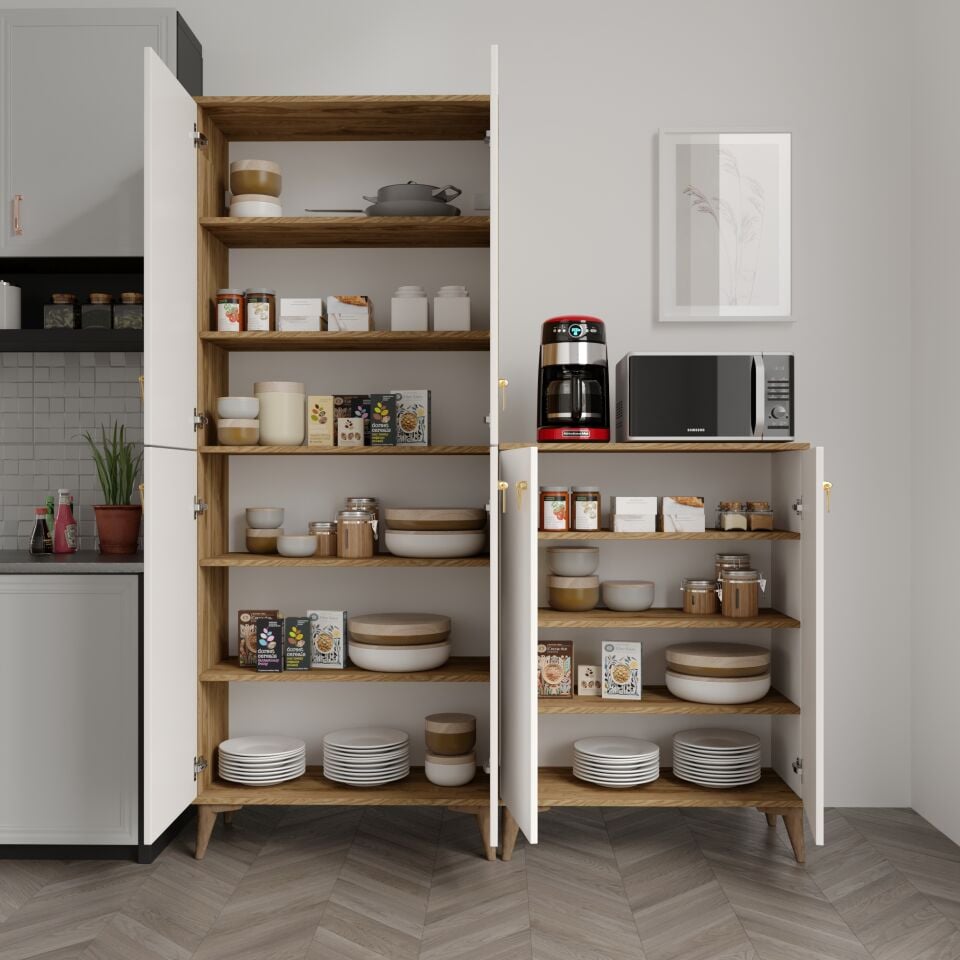 Simple Sp6190 Çok Amaçlı Dolap 6 Kapaklı Mutfak Dolabı  Balkon Dolabı  Kiler Banyo Dolabı Ayakkabılık Ekru Ceviz