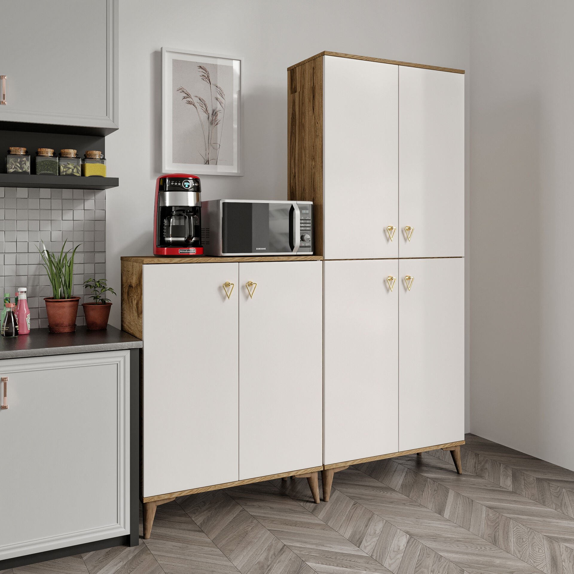 Simple Sp6190 Çok Amaçlı Dolap 6 Kapaklı Mutfak Dolabı  Balkon Dolabı  Kiler Banyo Dolabı Ayakkabılık Ekru Ceviz