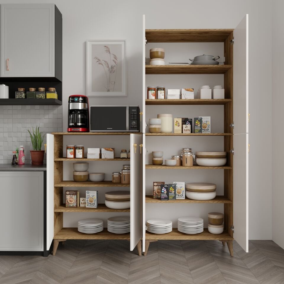 Simple Sp6190 Çok Amaçlı Dolap 6 Kapaklı Mutfak Dolabı  Balkon Dolabı  Kiler Banyo Dolabı Ayakkabılık Ekru Ceviz