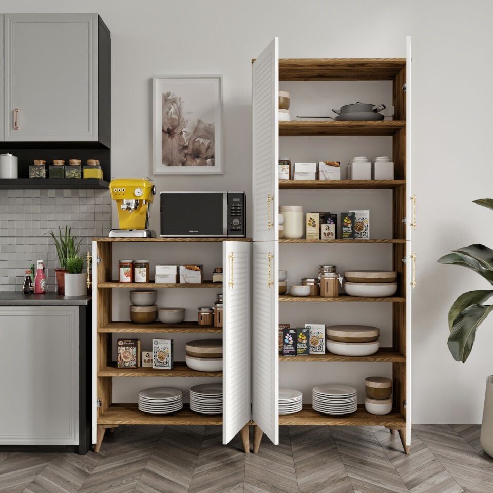 Panjurlu Metal Kulp Pnj6190 Çok Amaçlı Dolap 6 Kapaklı Mutfak Dolabı  Balkon Dolabı  Kiler Banyo Dolabı Ayakkabılık Ekru Ceviz