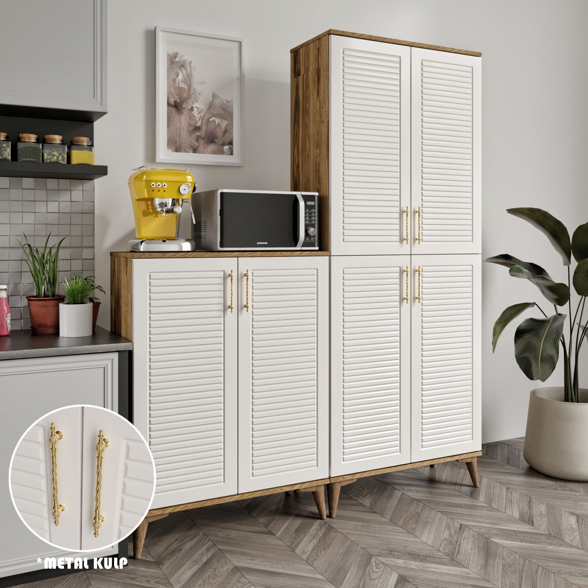 Panjurlu Metal Kulp Pnj6190 Çok Amaçlı Dolap 6 Kapaklı Mutfak Dolabı  Balkon Dolabı  Kiler Banyo Dolabı Ayakkabılık Ekru Ceviz