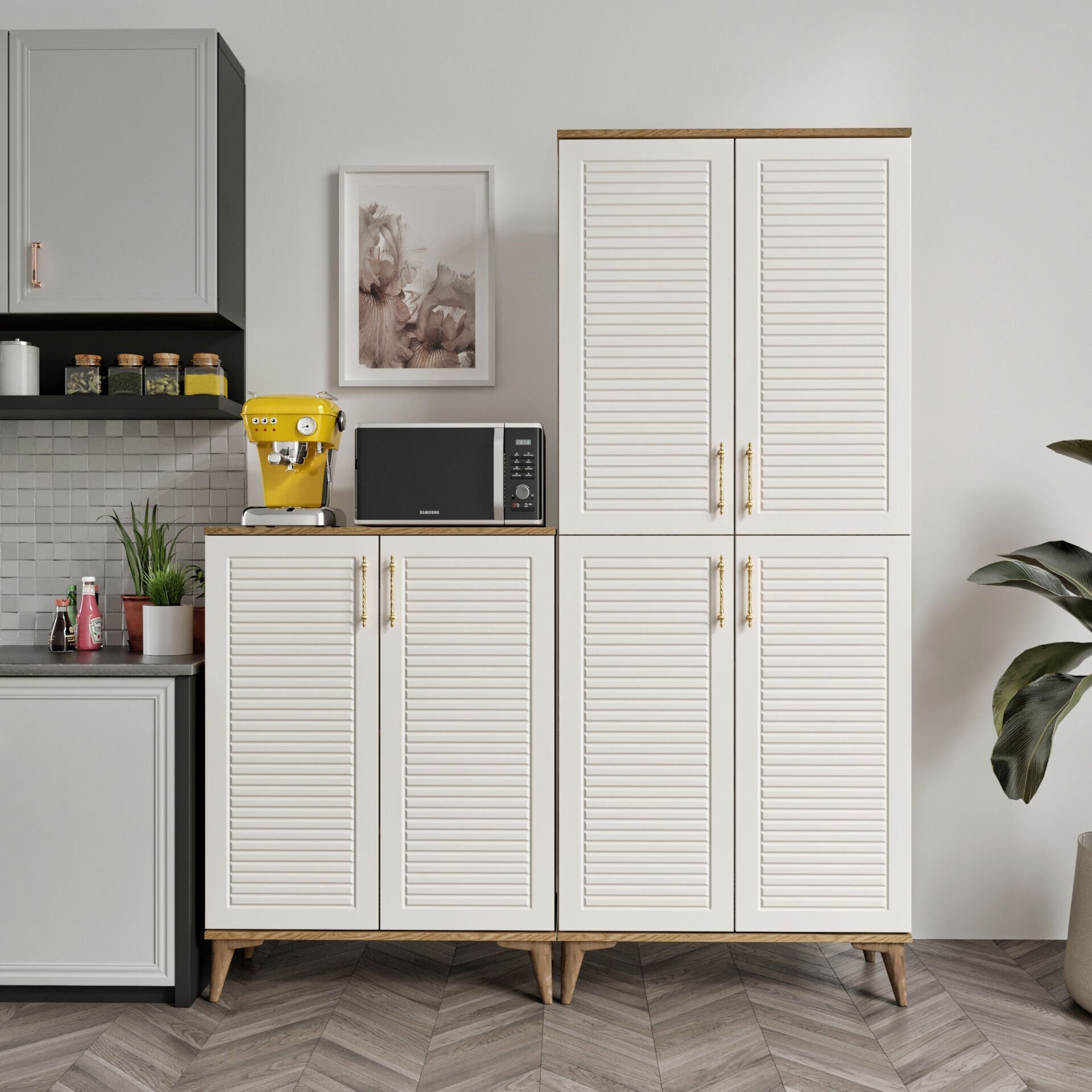 PNJ6190 ekru ceviz 6 kapaklı çok amaçlı dolap mutfak balkon kiler banyo ayakkabilik