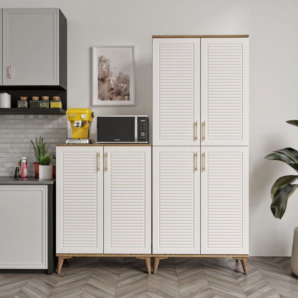 PNJ6190 ekru ceviz 6 kapaklı çok amaçlı dolap mutfak balkon kiler banyo ayakkabilik