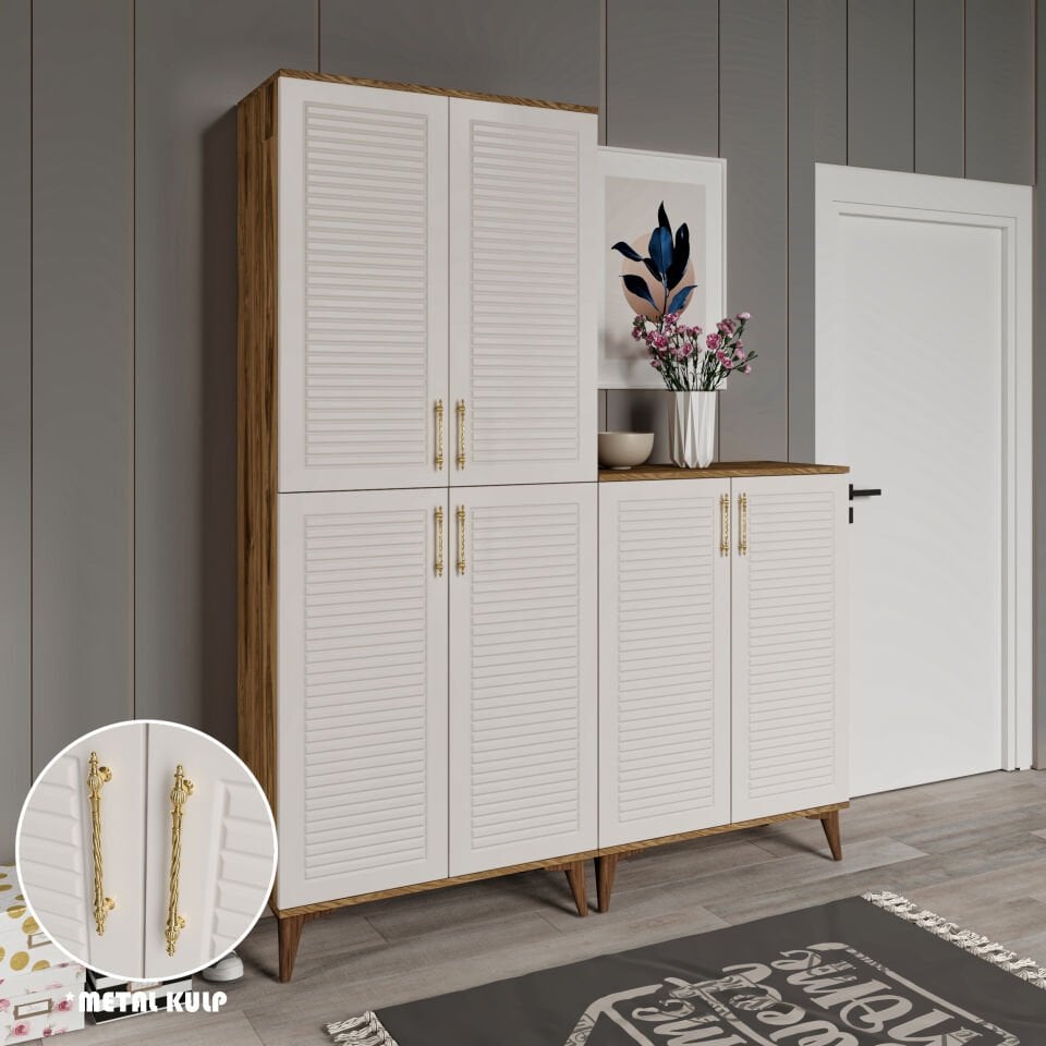 Panjurlu Metal Kulp Pnj6190 Ayakkabılık 6 Kapaklı Mutfak Dolabı  Balkon Dolabı  Kiler Banyo Dolabı Çok Amaçlı Dolap Ekru Ceviz