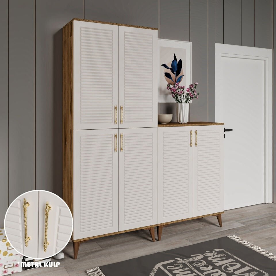 PNJ6190 ekru ceviz panjurlu kapak ve metal kulp detay