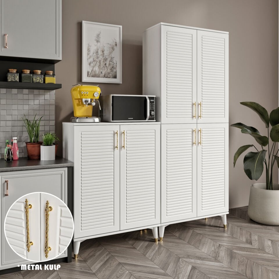 Panjurlu Metal Kulp Pnj6190 Çok Amaçlı Dolap 6 Kapaklı Mutfak Dolabı  Balkon Dolabı  Kiler Banyo Dolabı Ayakkabılık Beyaz Gold